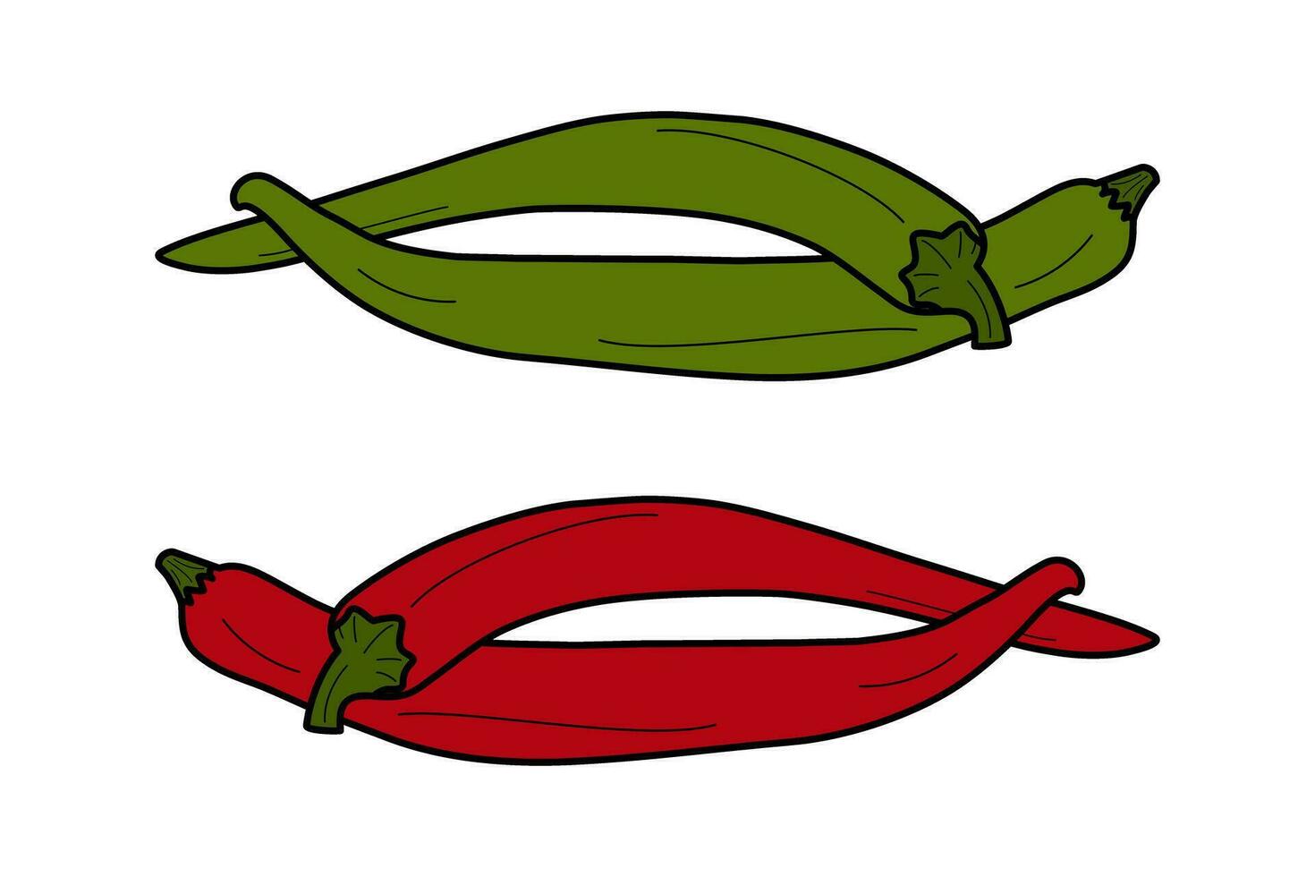 2 pairs of red and green chili peppers intertwined. Mexican traditional condiment and spicy. Isolate vector