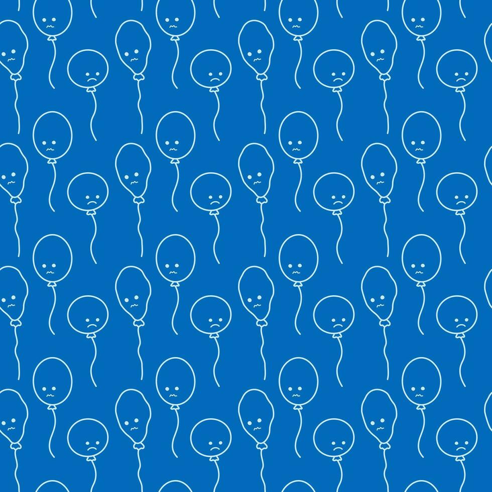 Contour drawing of balloons with sad face seamless pattern design concept in trendy monochrome blue vector