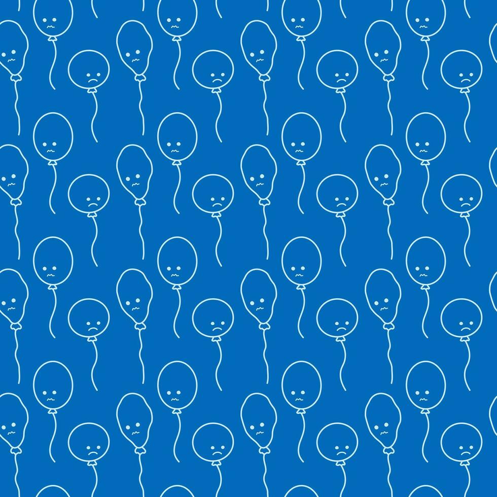 Contour drawing of balloons with sad face seamless pattern design concept in trendy monochrome blue vector