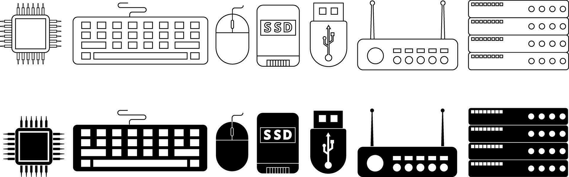 outline silhouette computer components icon set vector