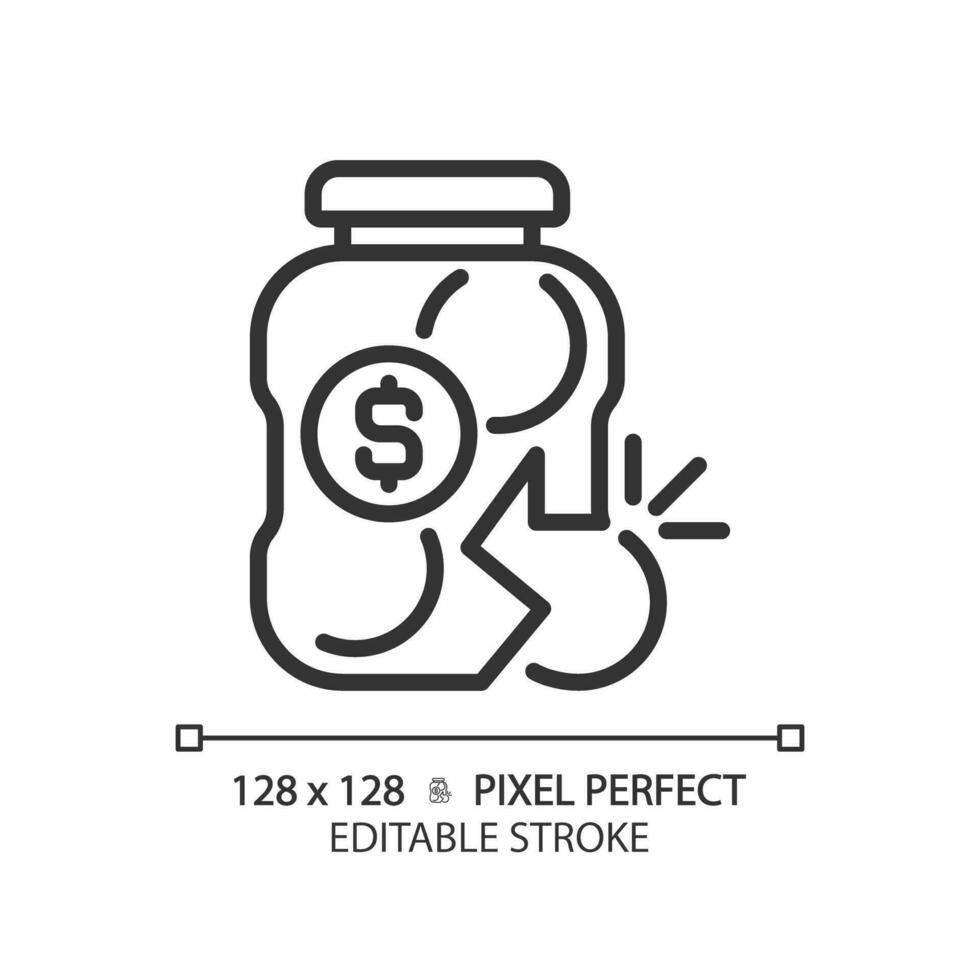 2D pixel perfect editable black broken glass jar icon, isolated simple vector, thin line illustration representing economic crisis. vector