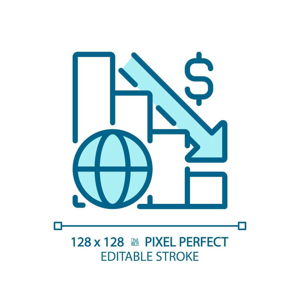 2D pixel perfect editable blue global crisis icon, isolated monochromatic vector, thin line illustration representing economic crisis. vector