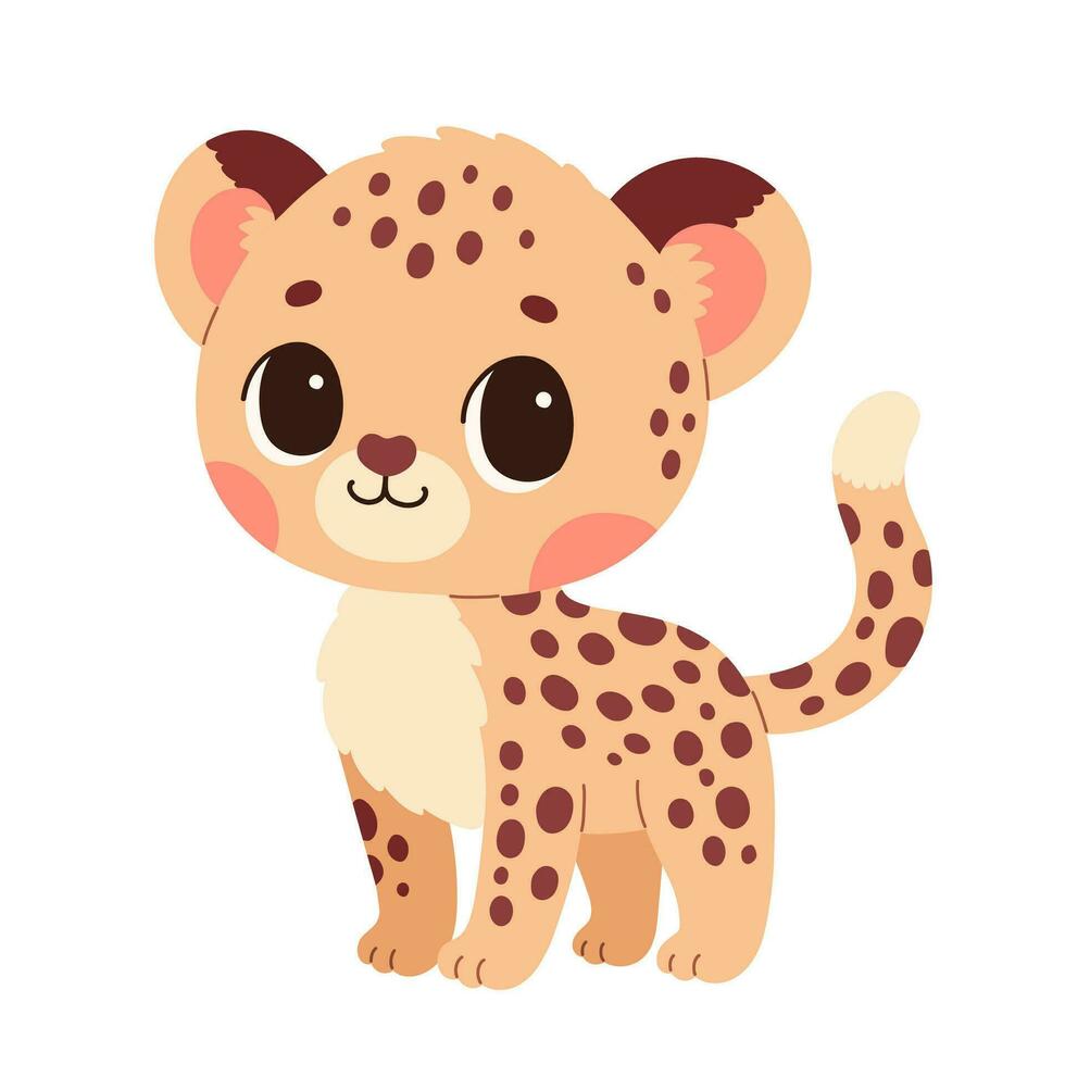 Cute cartoon guepard cheetah vector childish vector illustration in flat style. For poster, greeting card and baby design. Vector illustration