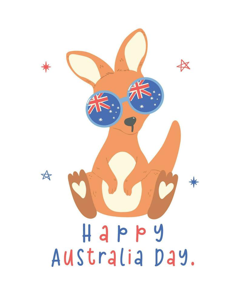 Australia día con adorable bebé canguro dibujos animados vestir nación bandera lentes. vector