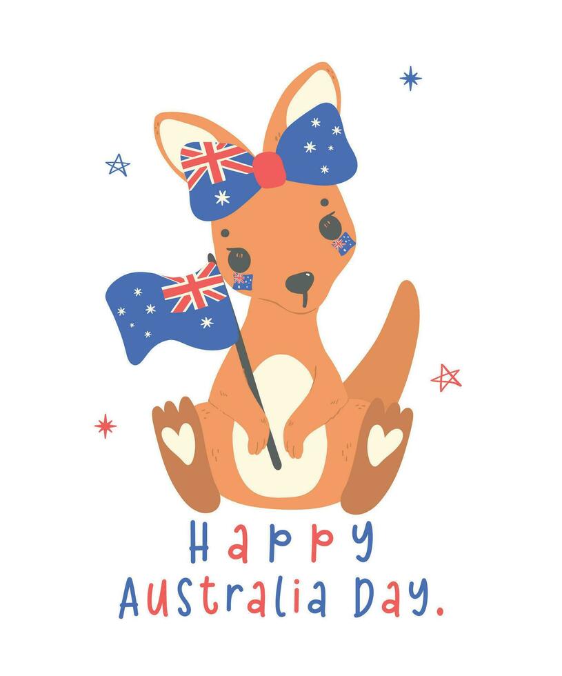 Australia día con adorable bebé canguro dibujos animados animal ondulación nación bandera. vector