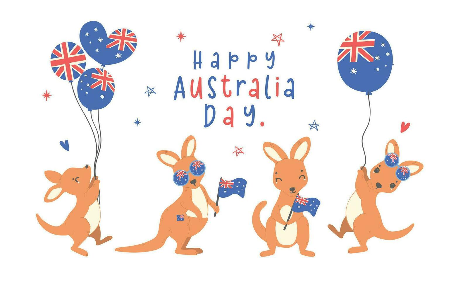 grupo de Australia día con adorable bebé canguros dibujos animados animal con globos y bandera. vector