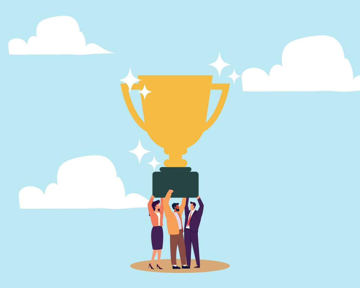 Team achievement, teamwork collaborate work together to achieve business goal, winning award or success, partnership or cooperate concept vector