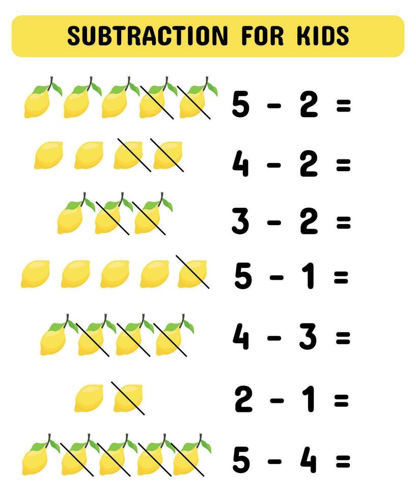 Subtraction game with lemons. Educational math game for preschoolers kindergarten. Learning mathematic pages. vector