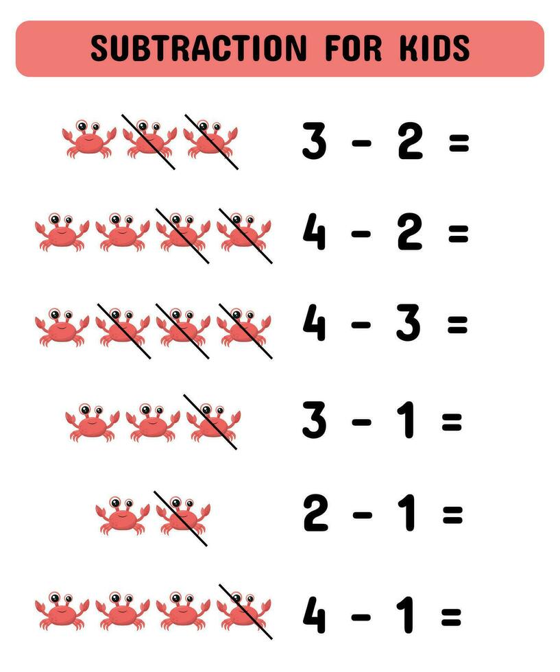 Subtraction game with crabs. Educational math game for preschoolers kindergarten. Matching game. vector