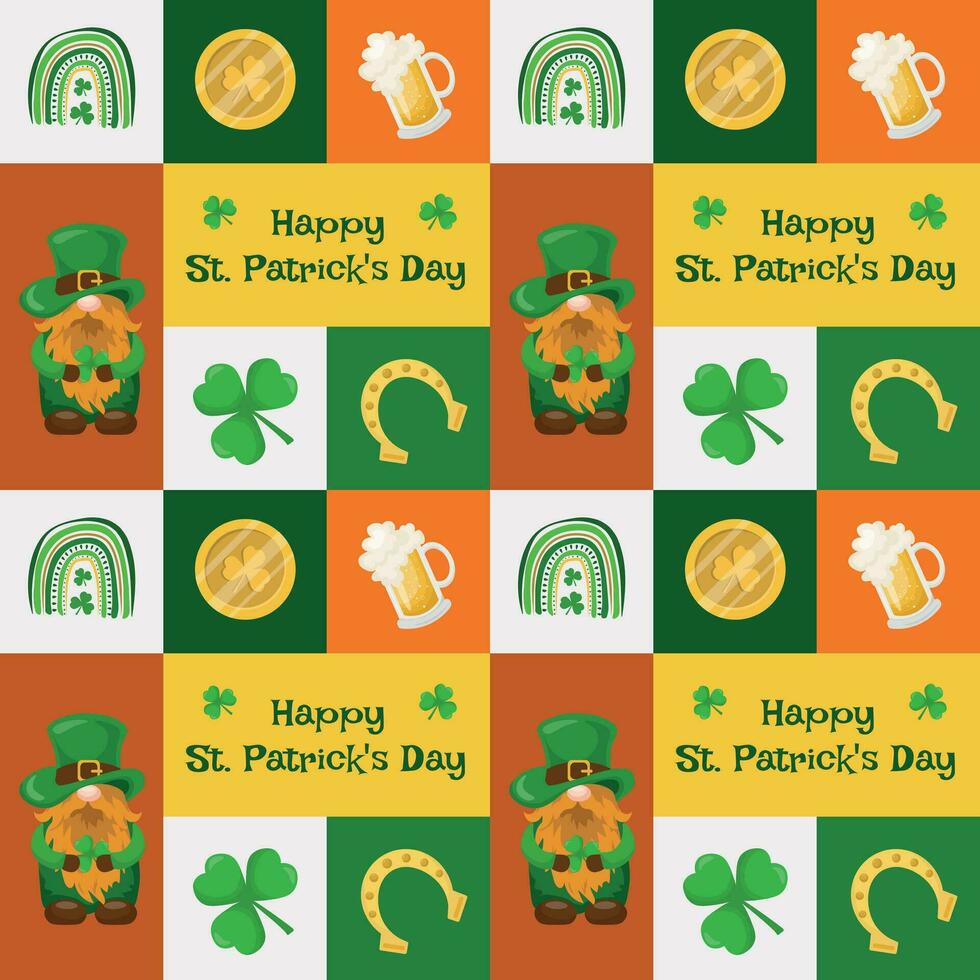 Seamless pattern with various elements for St. Patrick's Day, coins, elves, lettering, horseshoes, trefoil. Vector illustration