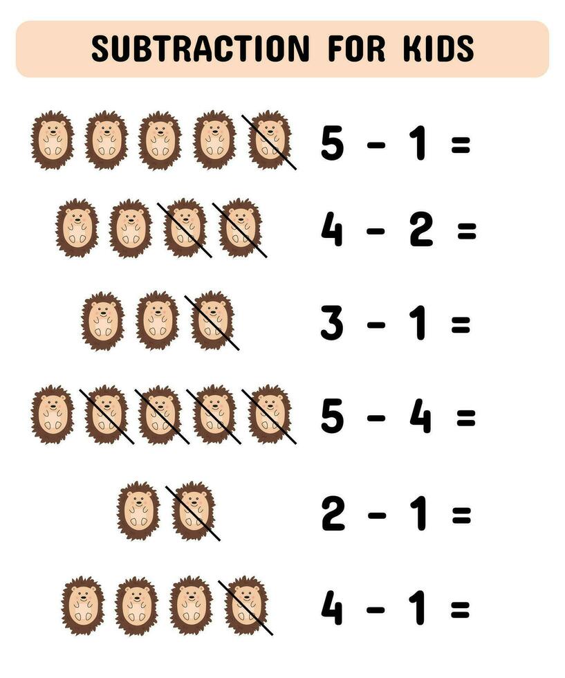 Subtraction game with cute hedgehogs. Educational math game for preschoolers kindergarten. Learning mathematic pages. vector
