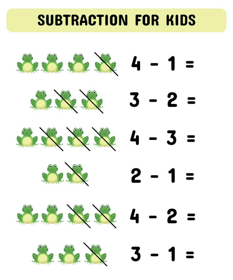 sustracción juego con linda ranas educativo matemáticas juego para preescolares jardín de infancia. aprendizaje matemático paginas vector