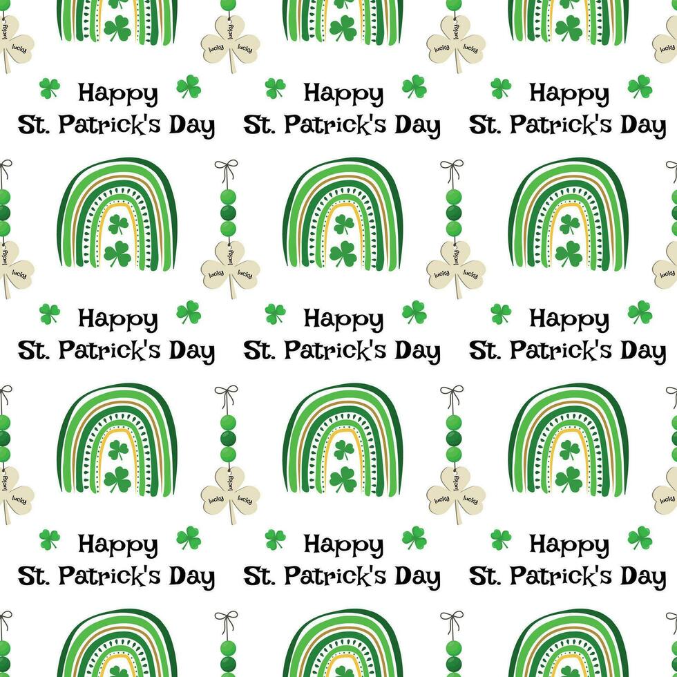 Seamless pattern with St. Patrick's Day elements, with rainbows and a lucky charm on a white background. Vector illustration