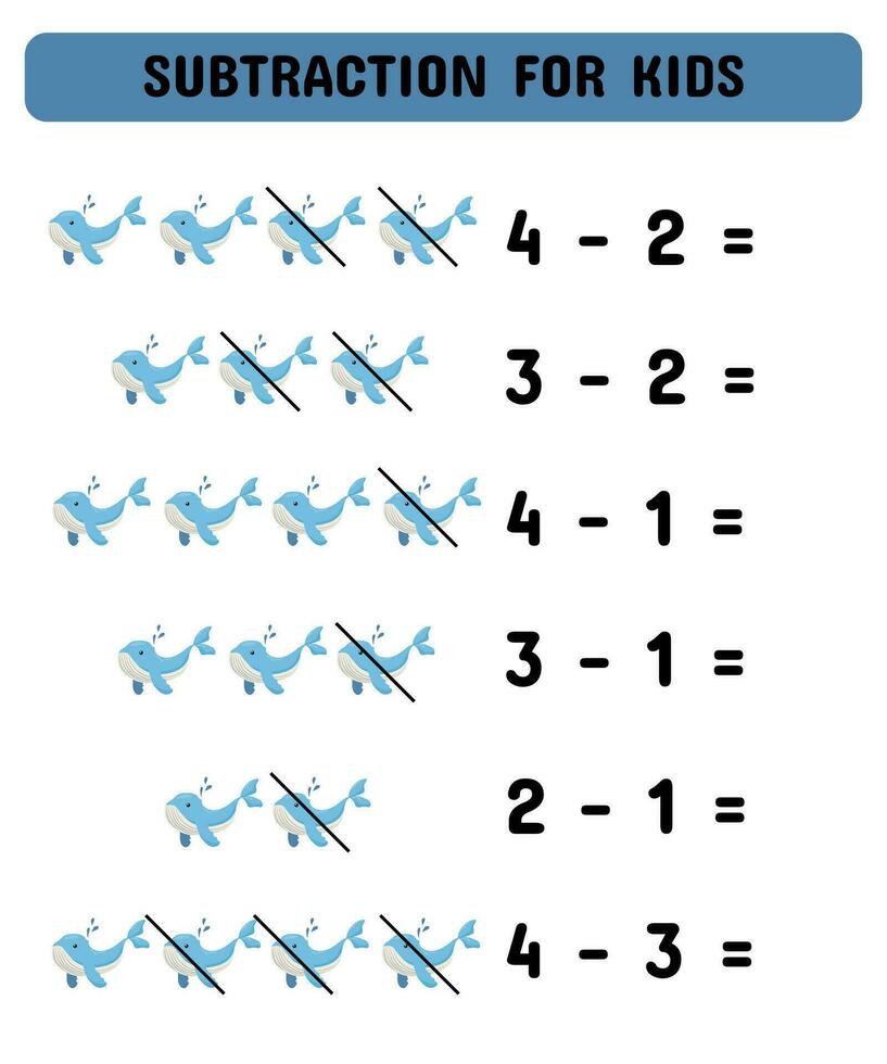 sustracción juego con ballenas educativo matemáticas juego para preescolares jardín de infancia. pareo juego. vector