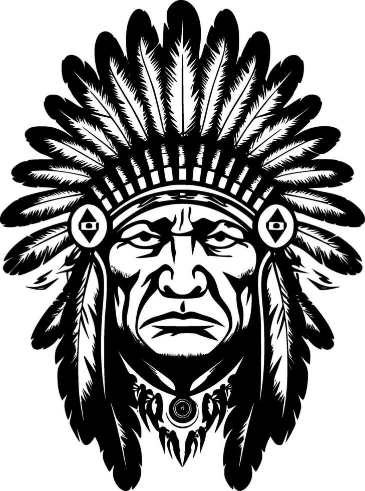 Indian Chief, Black and White Vector illustration