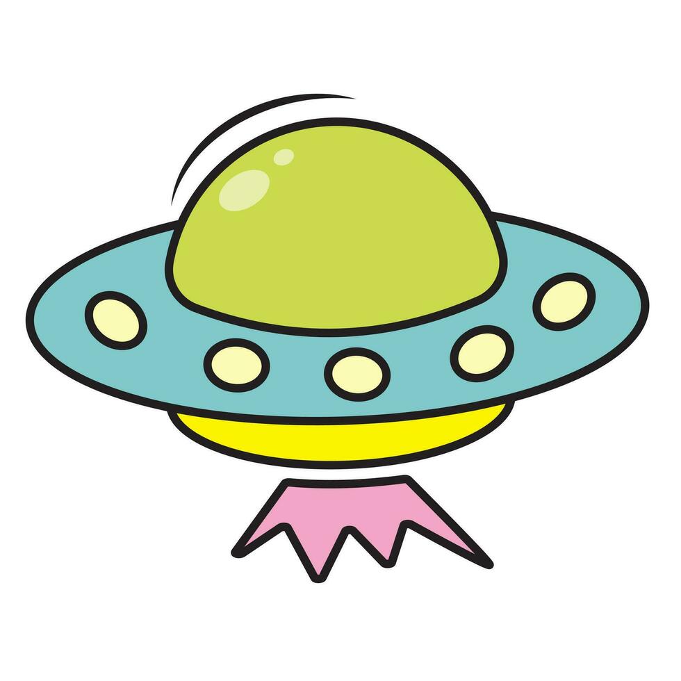 UFO space transport in cartoon style. World UFO Day, color vector illustration.