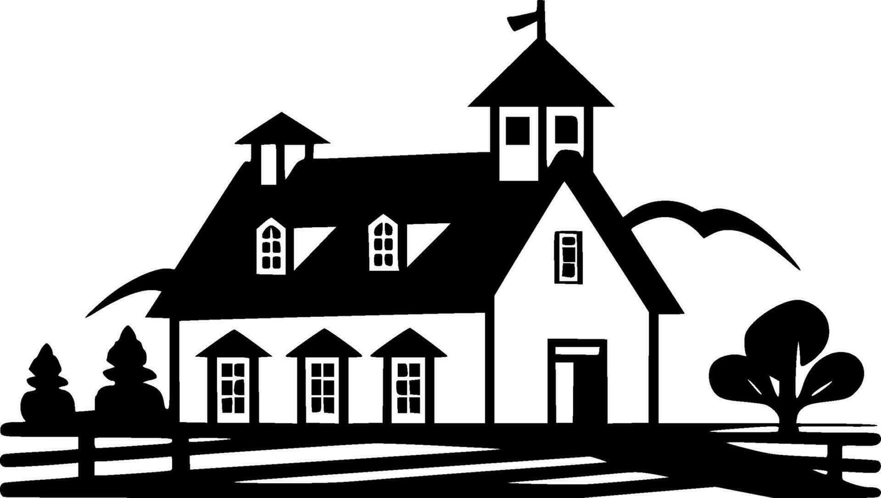 Farmhouse, Black and White Vector illustration