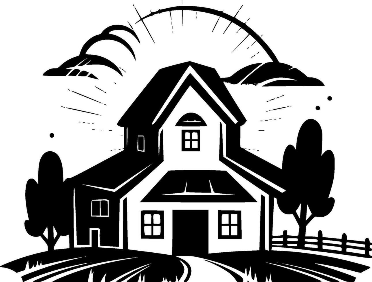Farmhouse, Black and White Vector illustration