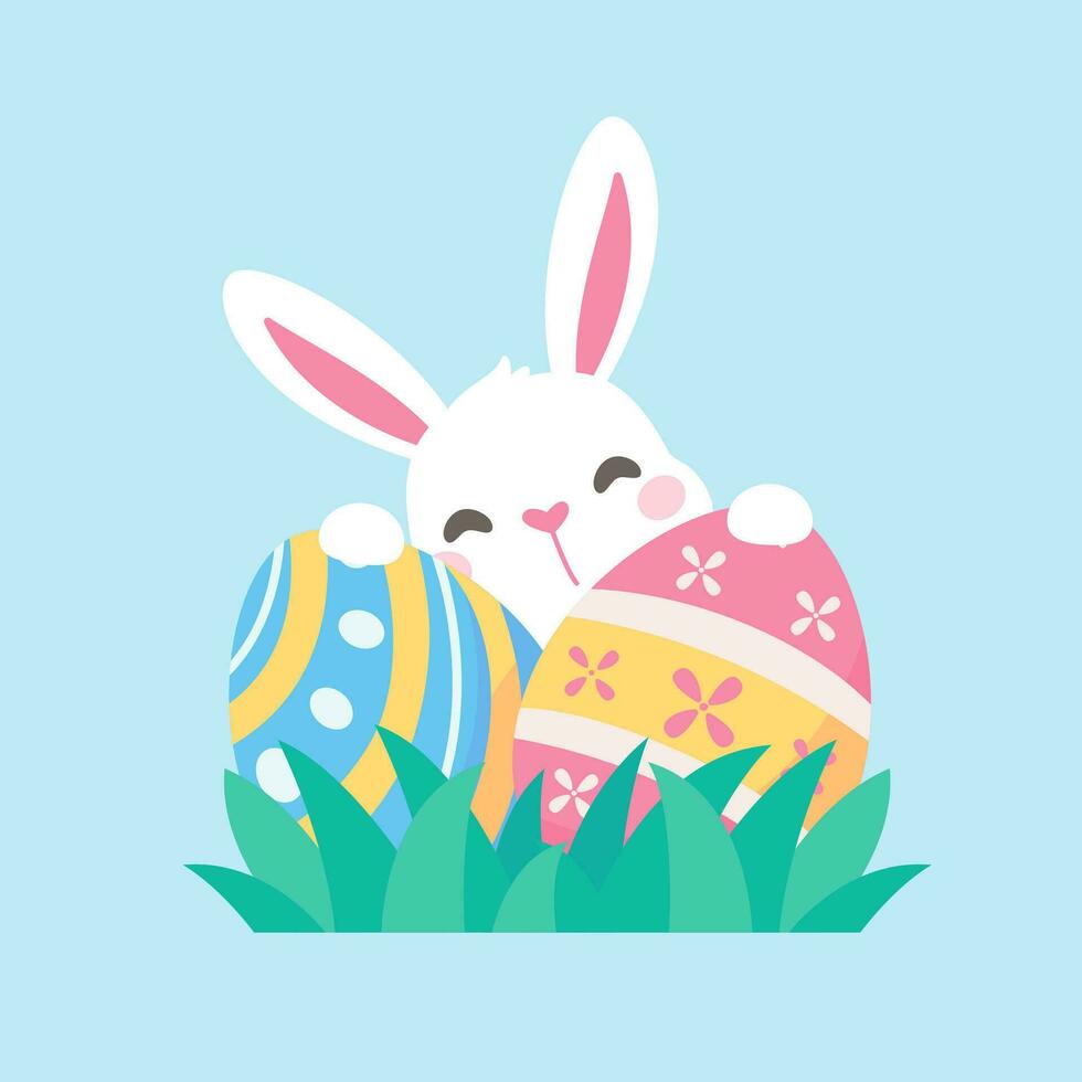 A cartoon bunny hiding behind colorfully decorated Easter eggs during the Easter Egg Festival. vector