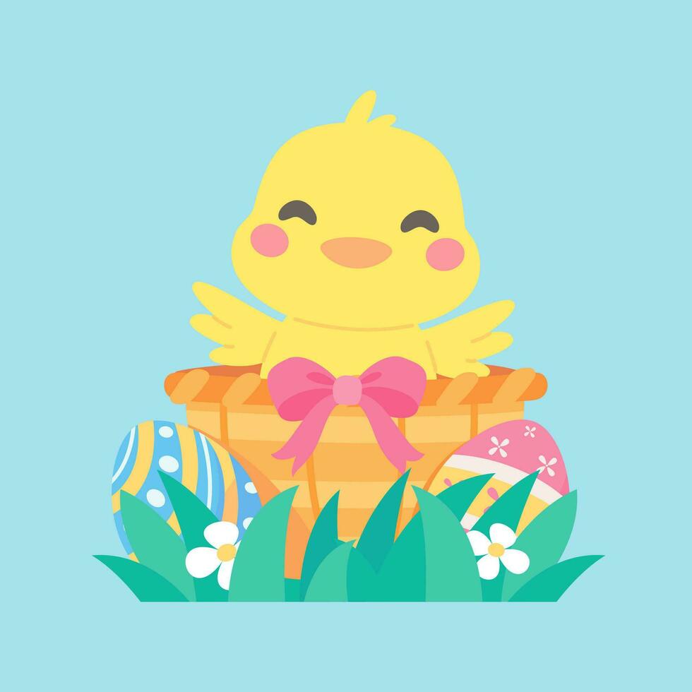 Cartoon chick with Easter eggs in the grass and Easter egg search activity with children. vector