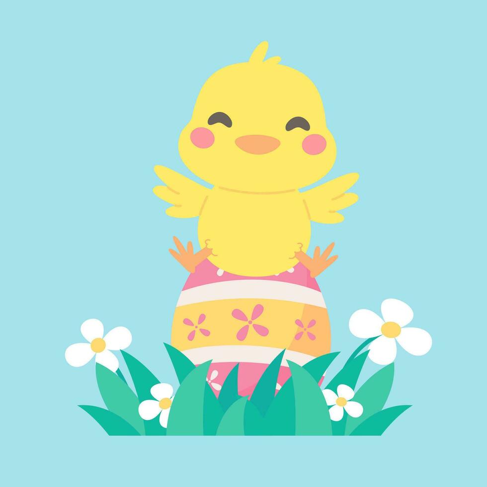 Cartoon chick with Easter eggs in the grass and Easter egg search activity with children. vector