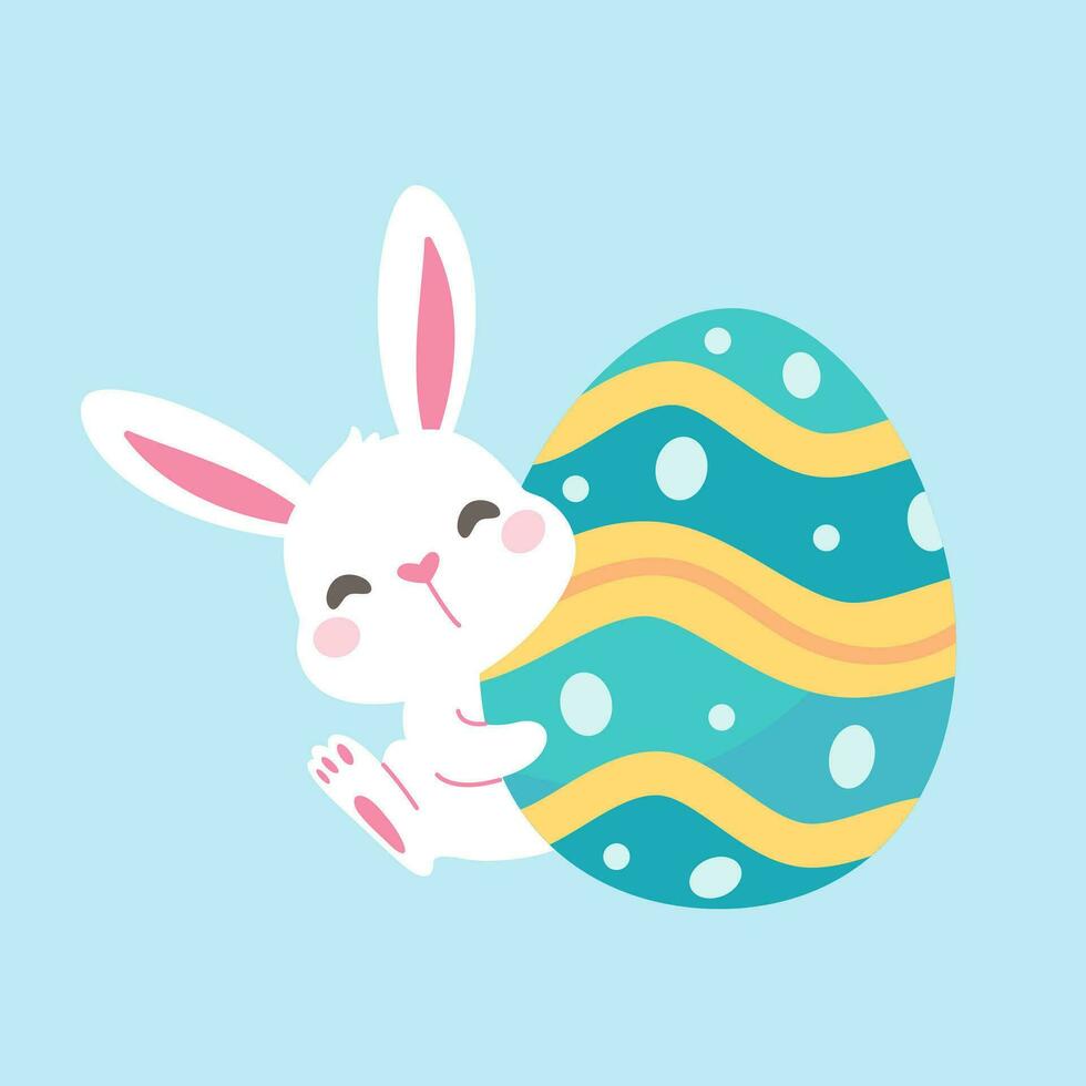 un dibujos animados conejito ocultación detrás colorido decorado Pascua de Resurrección huevos durante el Pascua de Resurrección huevo festival. vector