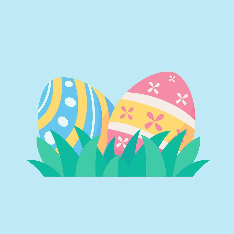 A cartoon bunny hiding behind colorfully decorated Easter eggs during the Easter Egg Festival. vector