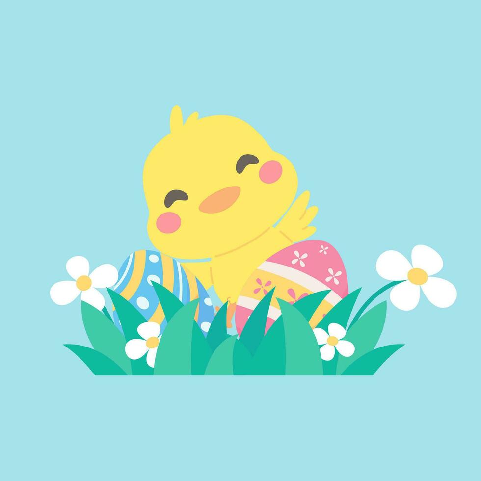 Cartoon chick with Easter eggs in the grass and Easter egg search activity with children. vector