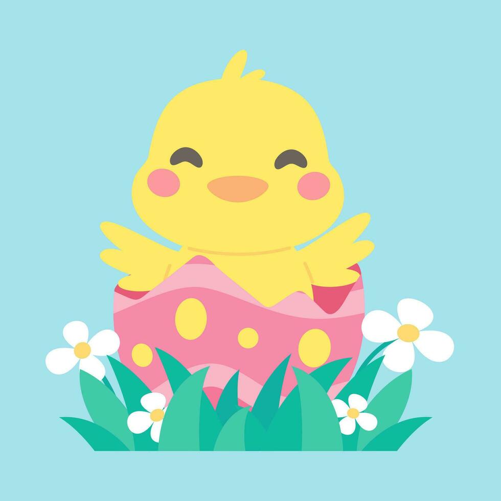 Cartoon chick with Easter eggs in the grass and Easter egg search activity with children. vector