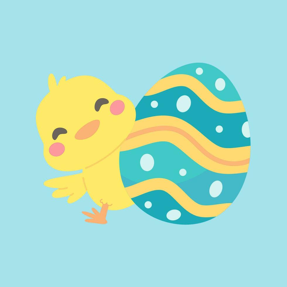 Cartoon chick with Easter eggs in the grass and Easter egg search activity with children. vector