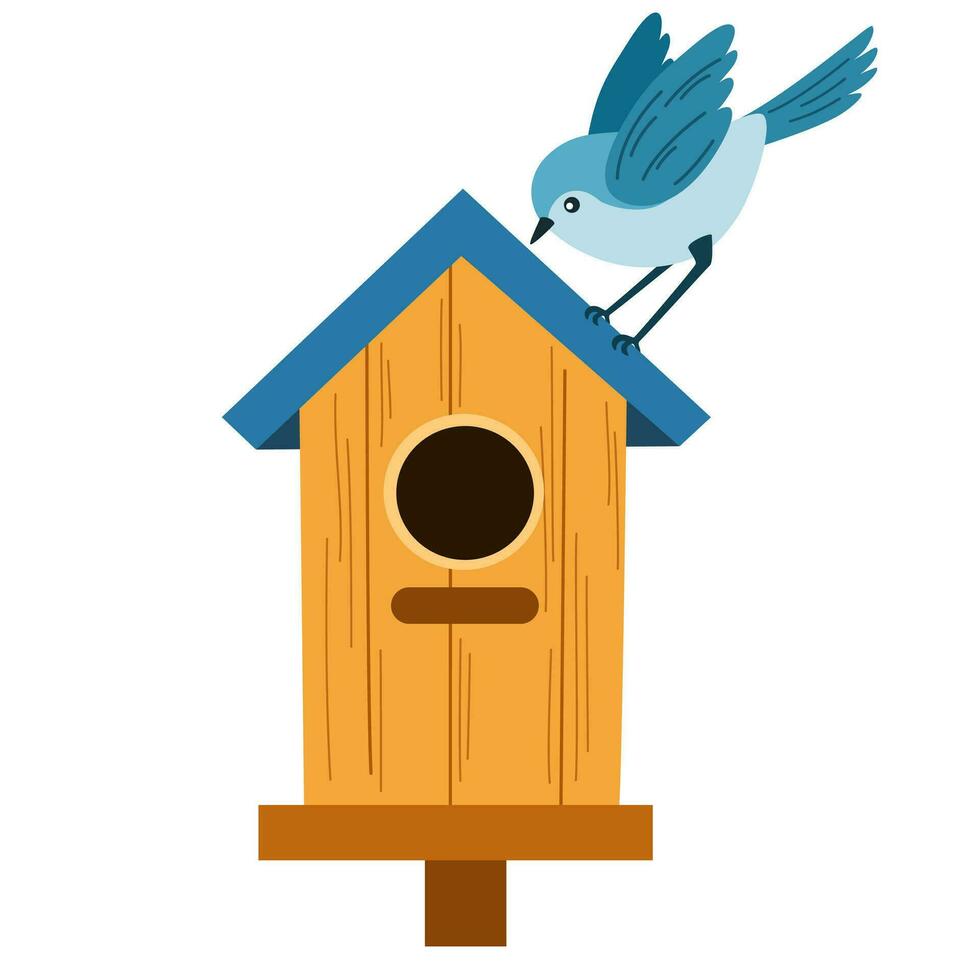 Birdhouse with a bird on the roof. Cartoon vector illustration isolated on white background.