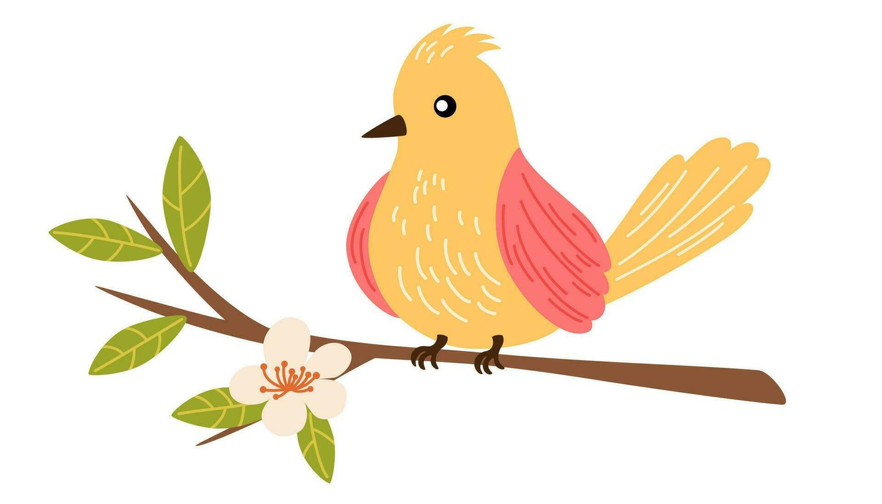 Spring bird. Beautiful birdie sits on branch with pink flowers. Colored flat vector illustration isolated on white background.