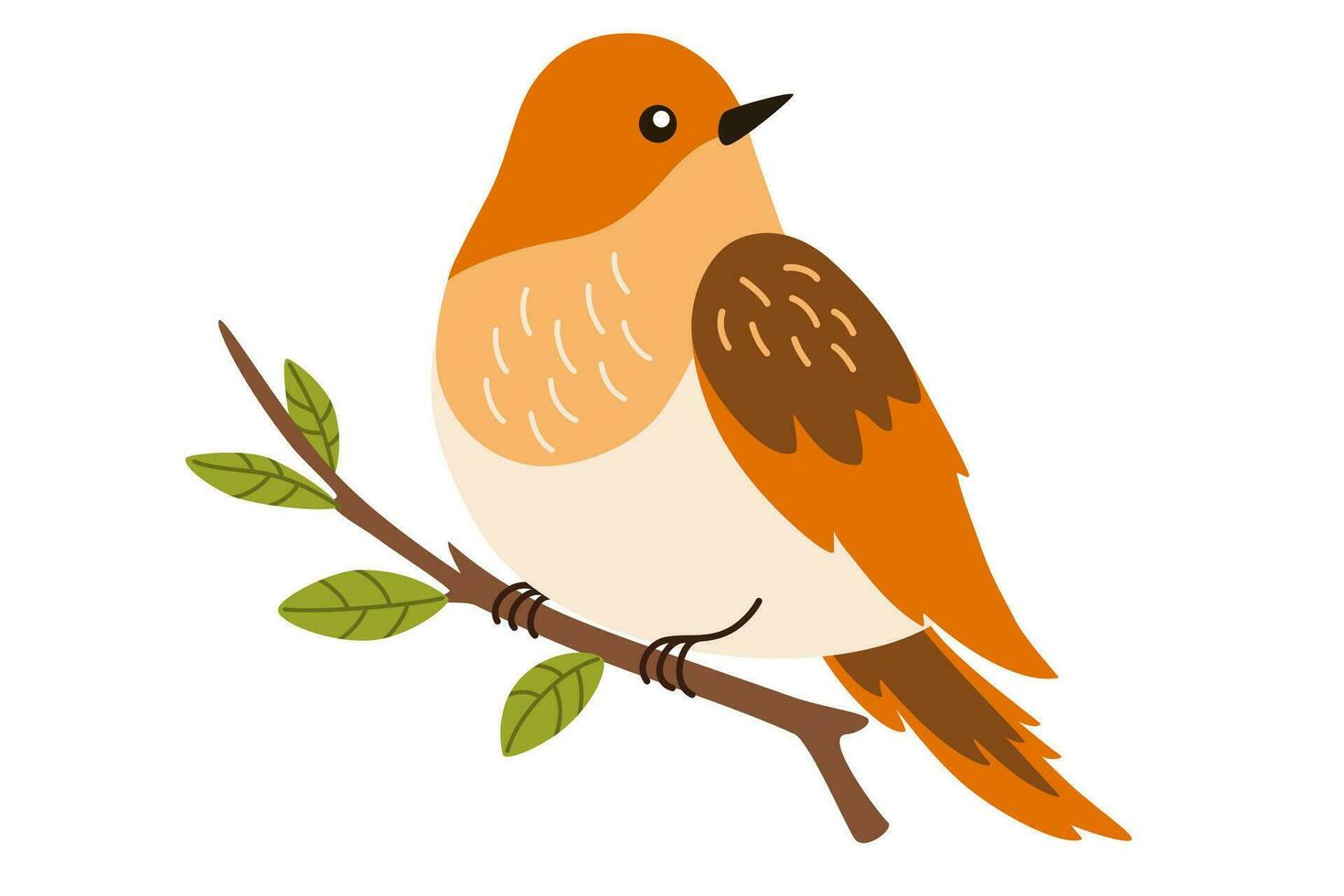 Spring bird. Beautiful birdie sits on branch. Colored flat vector illustration isolated on white background.