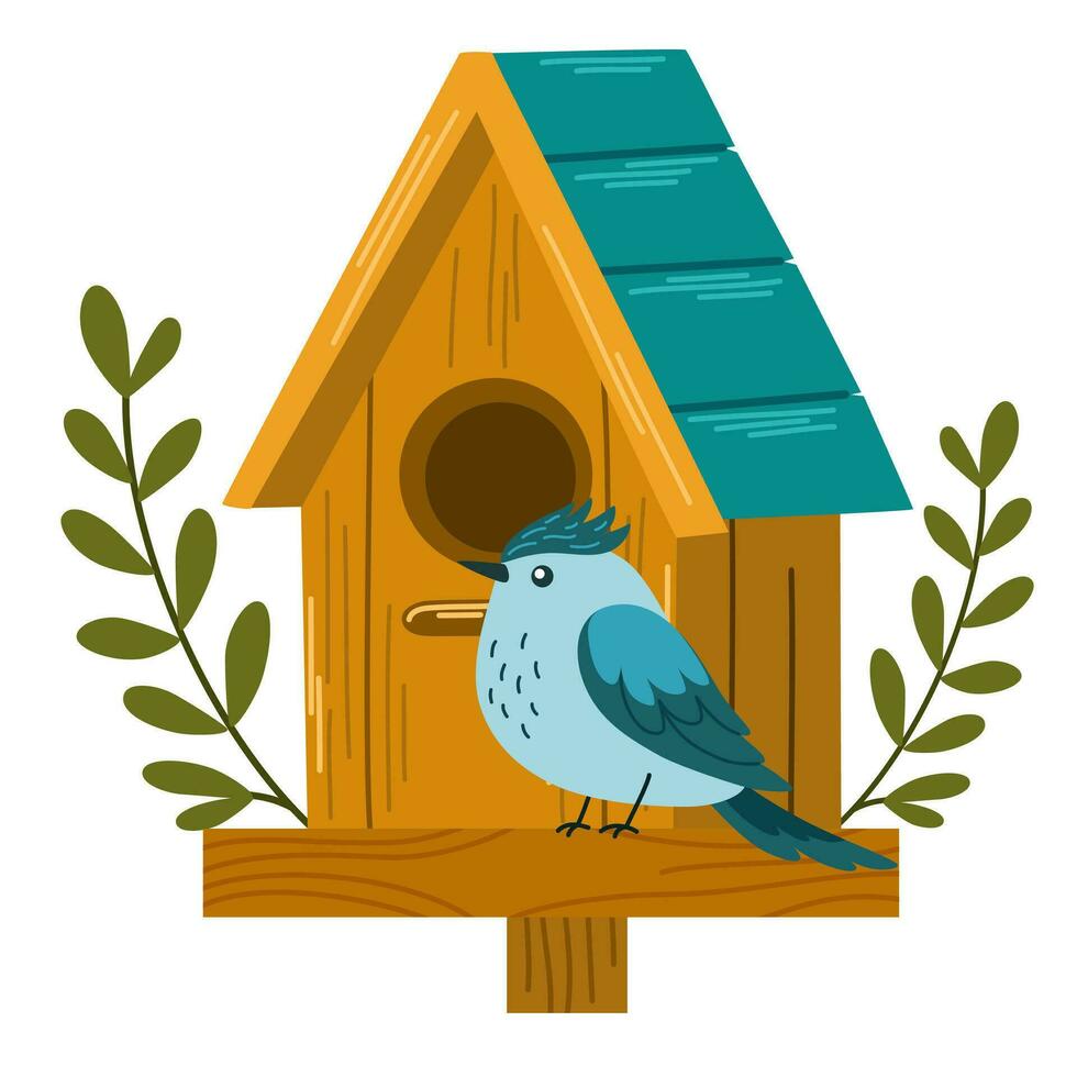 Birdhouse with a bird. Beautiful birdie. Cartoon vector illustration isolated on white background.