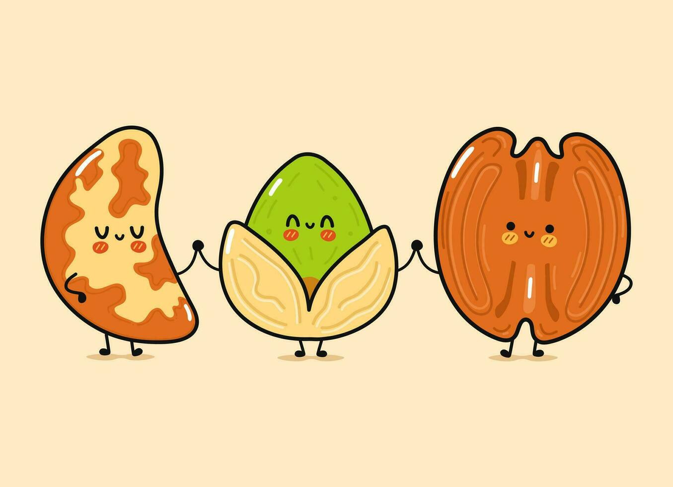 Cute, funny happy Brazilian nut, Pistachio and Pecan. Vector hand drawn cartoon kawaii characters, illustration icon. Funny cartoon Brazilian nut, Pistachio, Pecan mascot friends concept