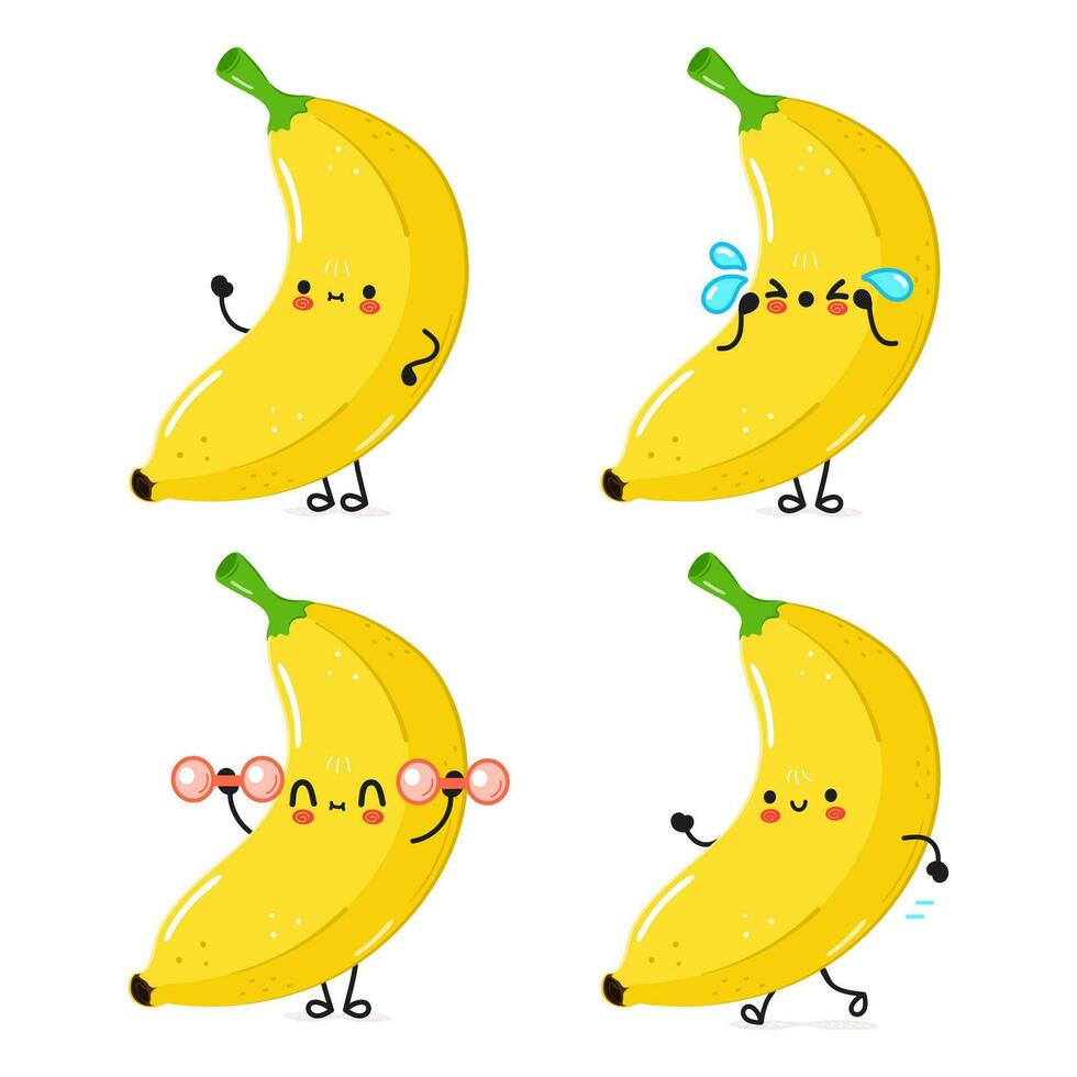 gracioso plátano caracteres haz colocar. vector mano dibujado garabatear estilo dibujos animados personaje ilustración icono diseño. linda plátano mascota personaje colección