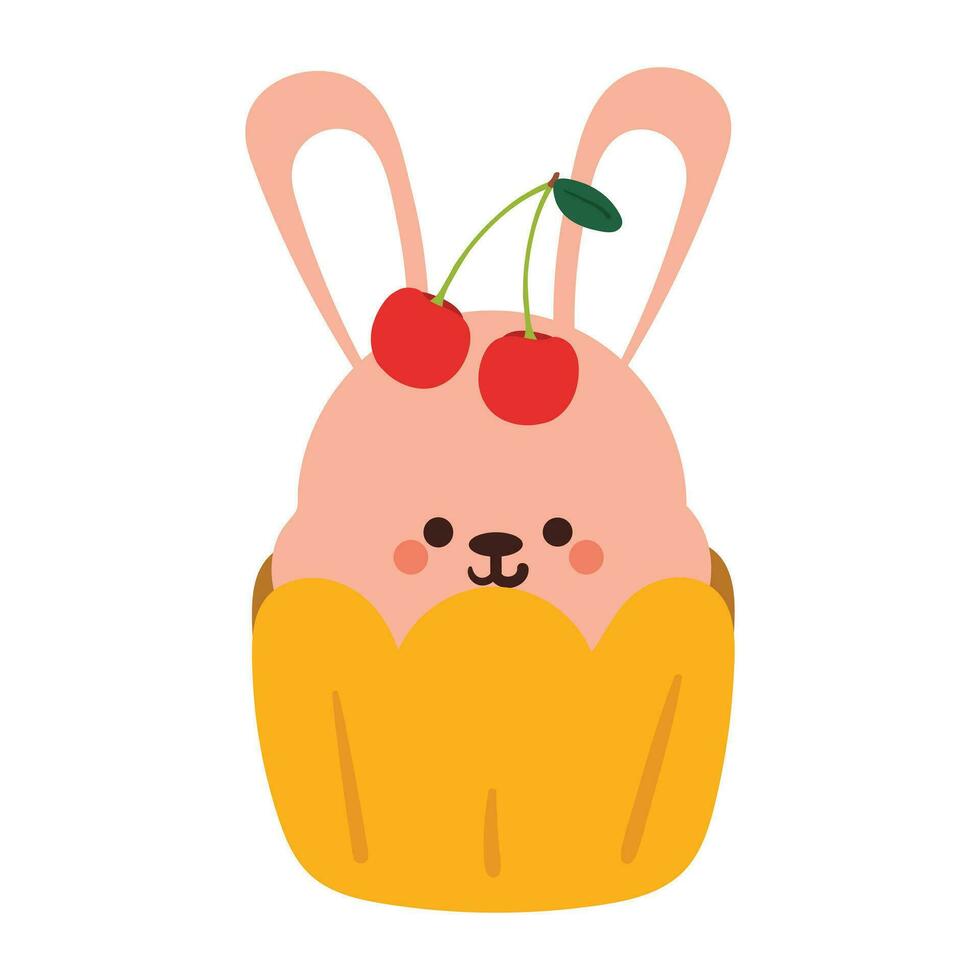 hand drawing cartoon cupcake with bunny and cherry. cute food and animal doodle for icon and sticker vector