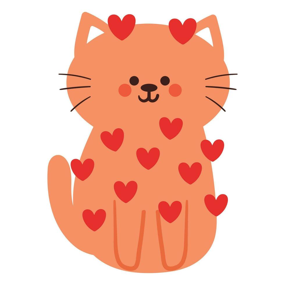 hand drawing cartoon cat with red heart element. cute cat doodle vector