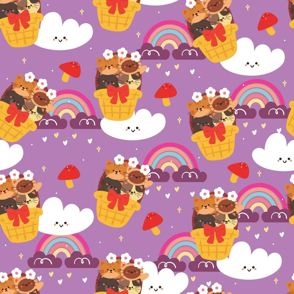 seamless pattern cartoon cat inside a basket with sky element. cute animal wallpaper for textile, gift wrap paper vector