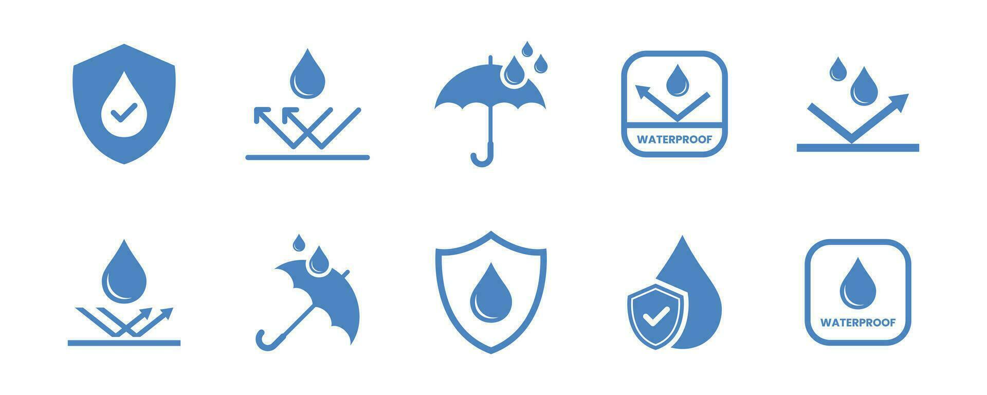Waterproof icon set. Waterproof sign collection. Water resistant symbol. Water protection icon with a shield. Packaging symbols. Vector illustration.
