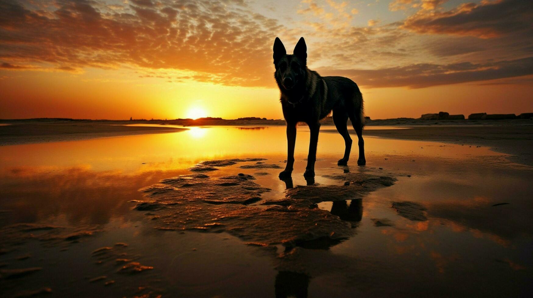 ai generado silueta de animal en mojado arena espalda iluminado por puesta de sol foto