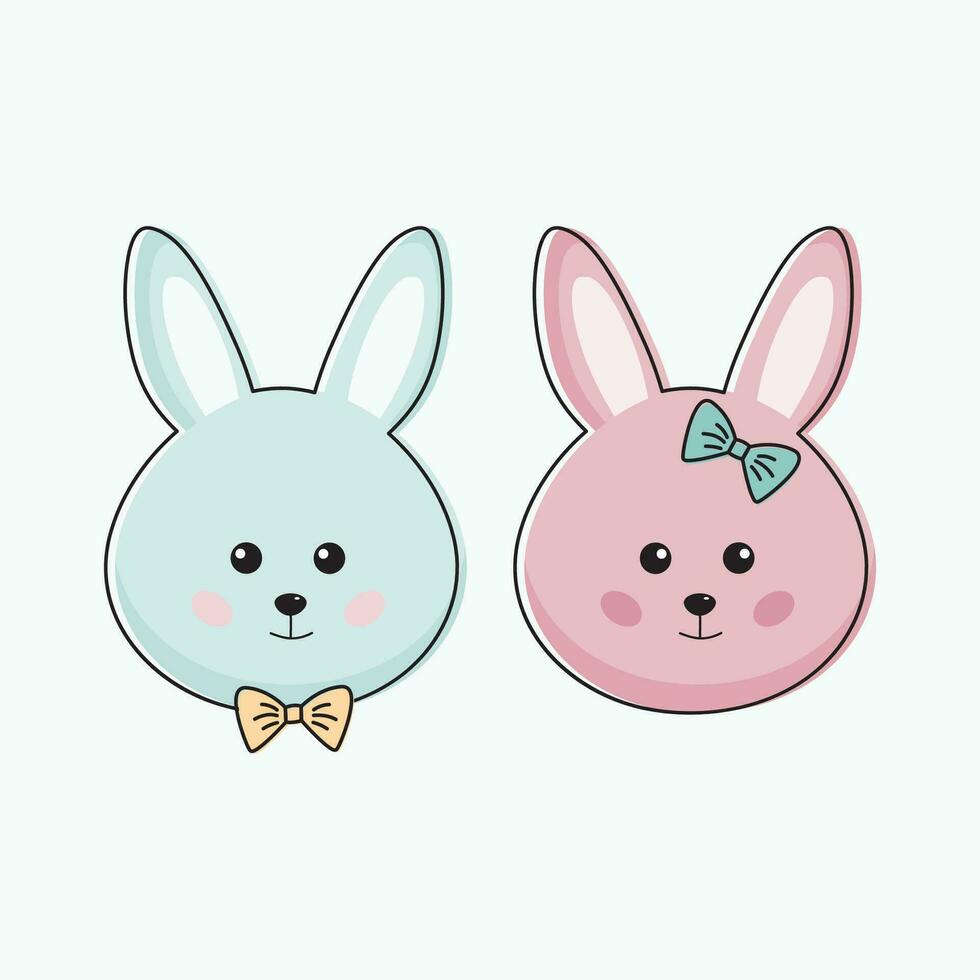 Cute couple of bunnies. Blue and pink bunnies boy and girl. Easter bunny, rabbit in funny kawaii style. vector