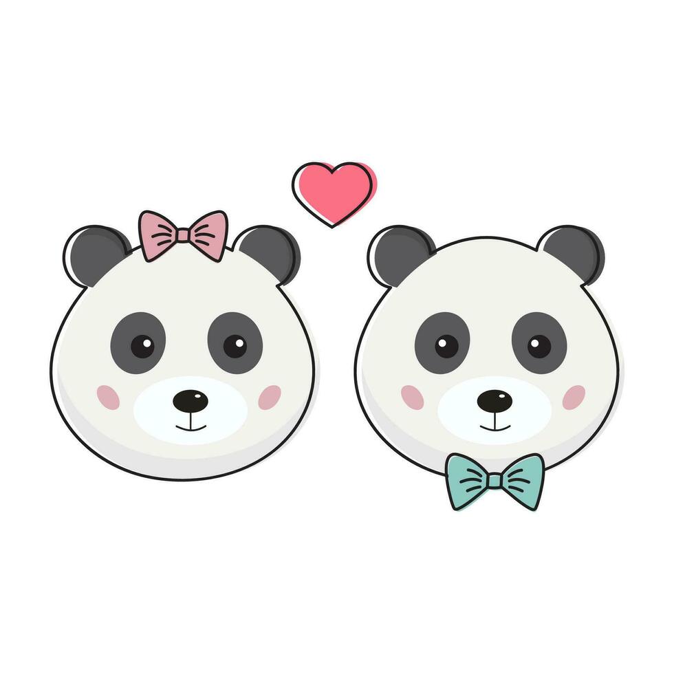 Cute romantic couple of pandas with blue and pink bows. Pandaboy and girl in funny childish kawaii style. Romantic smiling animals faces. vector