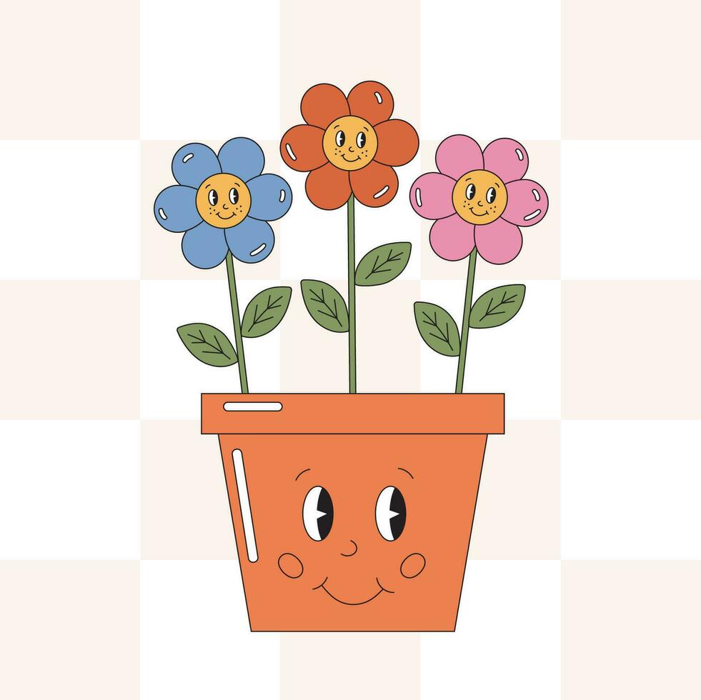 Cute flowerpot with smiling flowers in retro groovy style. Positive concept in vintage 90s, 80s style. Vector hippie smile cartoon pot with blooming flowers illustration.