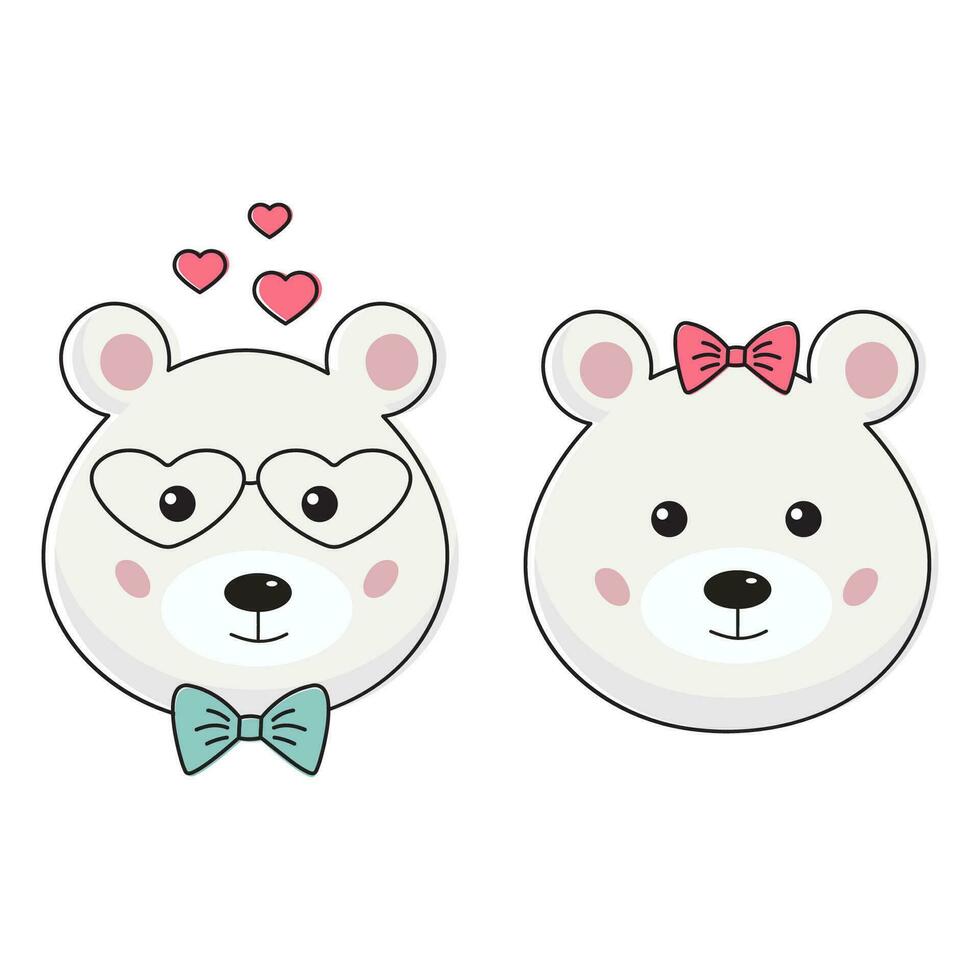 Two cute fall in love pollar teddy bears. Funny cartoon kawaii romantic couple of white bears. Perfect for Valentines Day card, tag, poster. vector