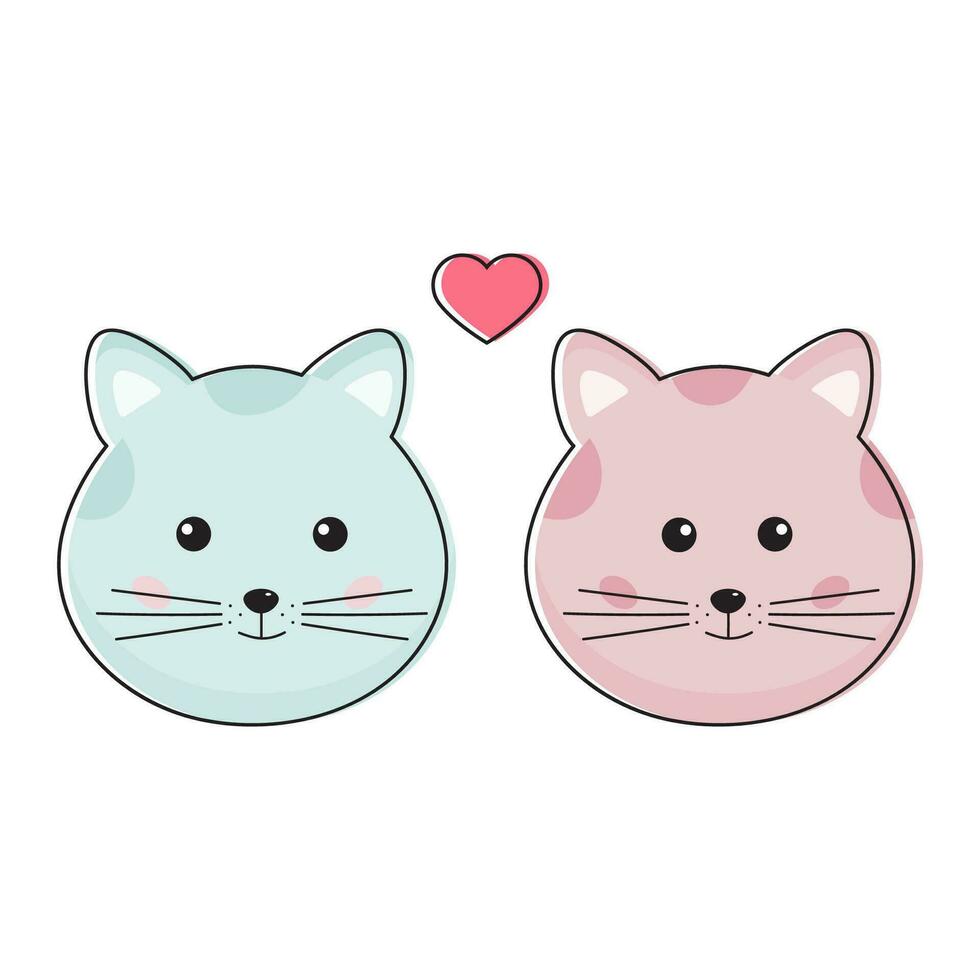 Cute couple of cats, blue and pink cats boy and girl in funny childish kawaii style. Romantic cats in love together. Perfect for Valentines day card, print. vector