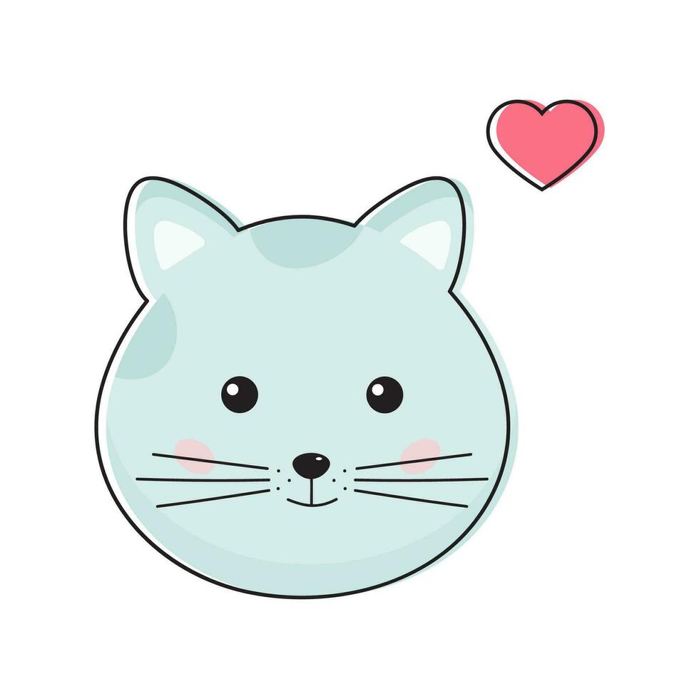 Cute pink cat face in love with heart in kawaii style. Cartoon little pussycat, kitty. vector