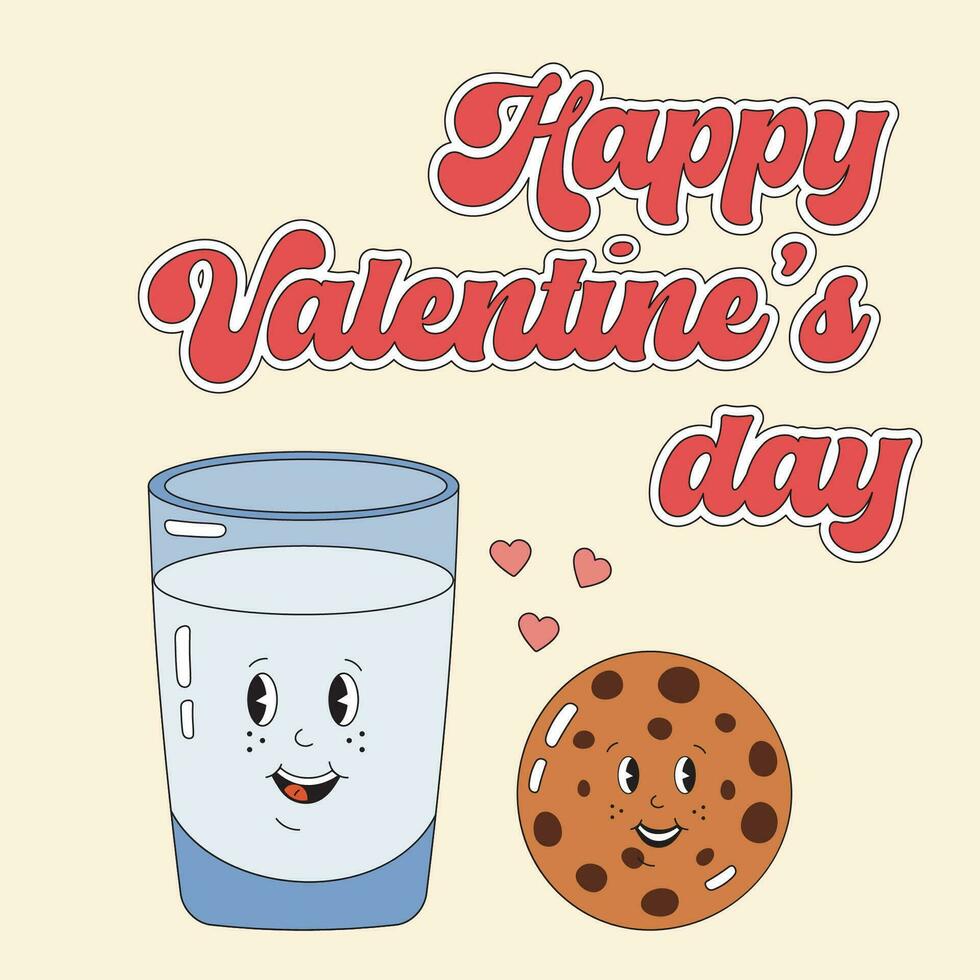 GrCute Valentines day greeting card with glass of milk and cookie in love, perfect couple in groovy retro style. Happy Valentines day, love match. Hippie retro 90s vintage love card. vector