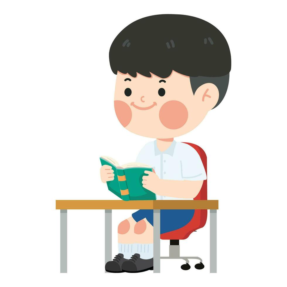 Cute boy sitting at the desk and reading a book vector
