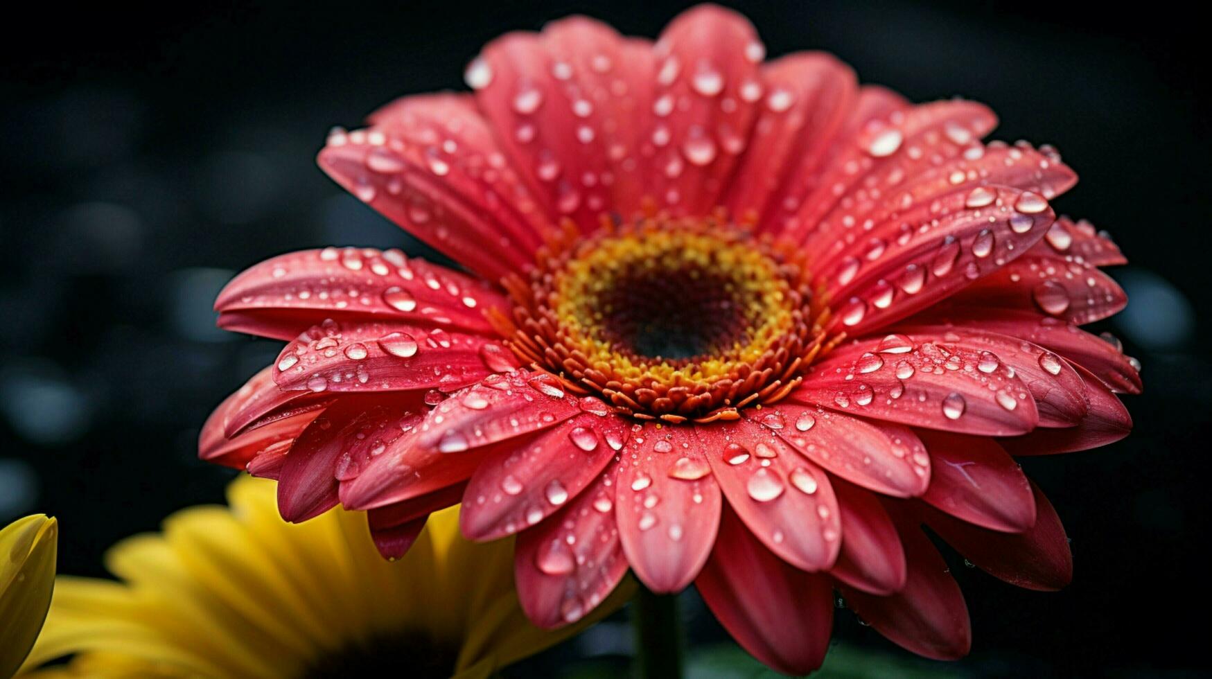 ai generado vibrante gerbera margarita en mojado cerca arriba oscuro antecedentes foto